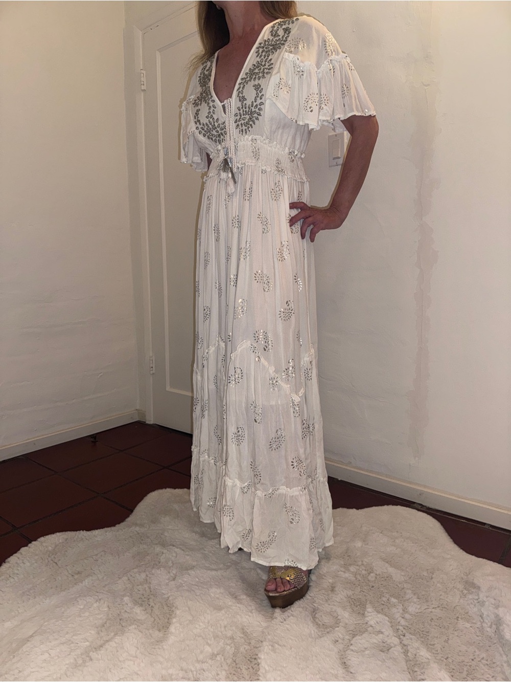 Boho White Embroidered Maxi Dress - V-Neck Tie Waist